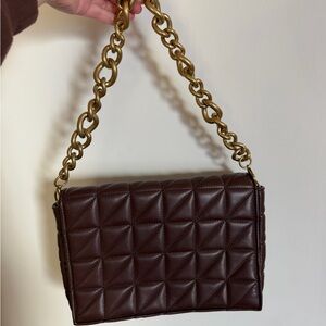 Zara Dark Brown Quilted Shoulder Bag with Gold Chain